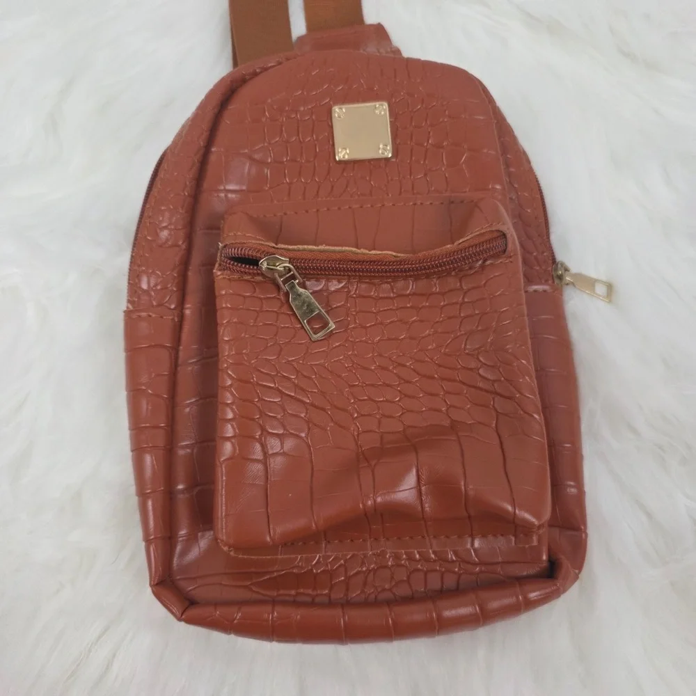 Brown Croc-Embossed Sling Bag